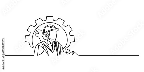 Minimalist line art illustration of factory worker man wearing safety helmet for labour day