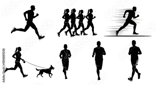 Silhouettes of active individuals running and exercising, emphasizing fitness, health, and dynamic movement, perfect for representing sports, recreation, and healthy living concepts.
