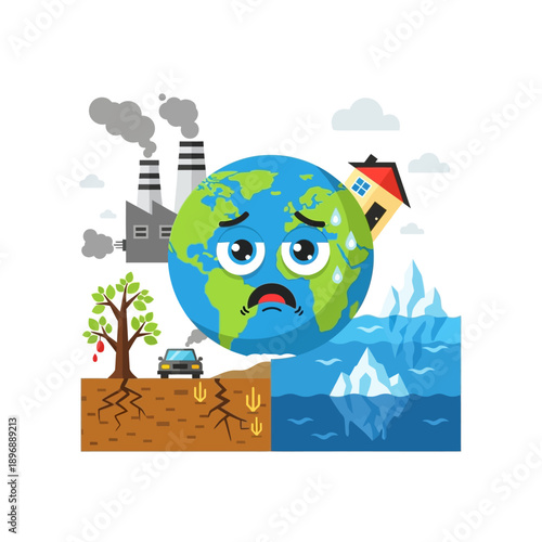 Sad Earth suffering from pollution, deforestation, and melting glaciers