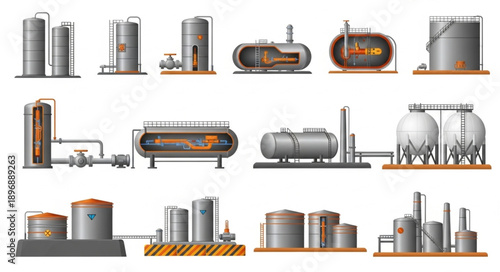 Industrial storage tanks and processing equipment illustration.