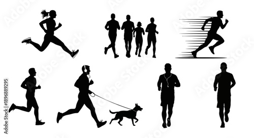 Running silhouettes vector set depicting various individuals and groups engaged in different forms of running, including solo runners, a person running with