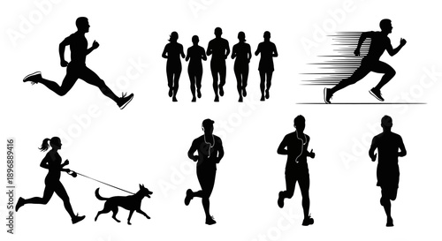 A series of running silhouettes featuring individual male and female runners, a group of people running, a speed runner with motion lines, and a woman jogging with her dog