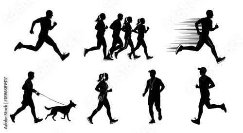 Dynamic silhouettes of men and women in motion, running and exercising, creating striking visuals for sports, fitness, and active living themes, perfect for health and wellness campaigns.