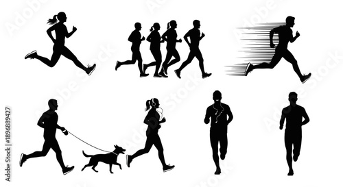 Running and jogging set black silhouettes of people in motion active lifestyle vector illustration isolated on white background athletic training