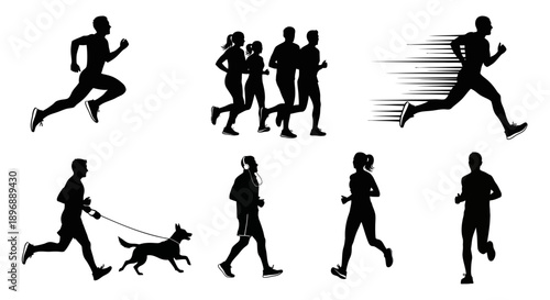 Diverse set of running silhouettes in various poses including a man in full stride, a group jogging, a speedy runner with blur effects, and individuals engaged in solo and accompanied runs