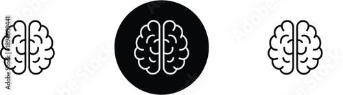 Brain icon silhouettes in minimal line style, black and white human mind symbols isolated on white background for medical, psychology, technology design