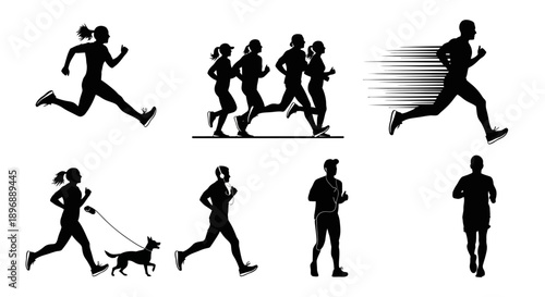 Set of black silhouettes of people running in various scenarios isolated on white background depicting different running styles and situations