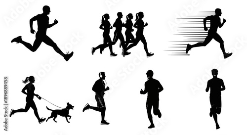 Running people silhouettes sport and activity concept set of various dynamic runners fitness men and women exercising jogger training sprint race with dog marathon isolated on white background