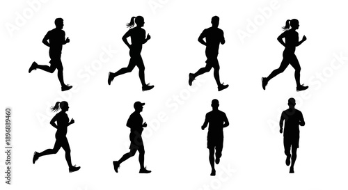Collection of eight diverse black silhouette vector illustrations depicting men and women running in various dynamic poses suitable for fitness and sport themes