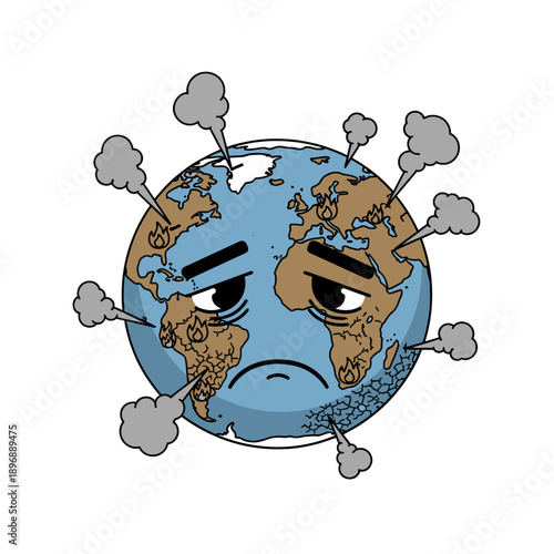 Sad Earth Cartoon with Smoke and Fire - Climate Change Concept