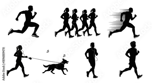 Diverse group of running silhouettes, showcasing fitness, sports, healthy lifestyle and outdoor recreation, dynamic action poses
