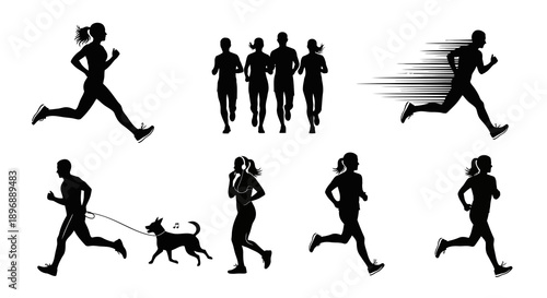 Set of black silhouettes representing various people running in different styles and groups including a woman jogging with her dog and athletes training together for a marathon event competition