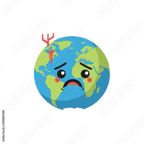 Sad Earth Character Injured with Trident, Global Warming Concept