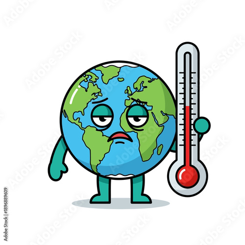 Sad Earth Character Holding Thermometer Showing Hot Temperature