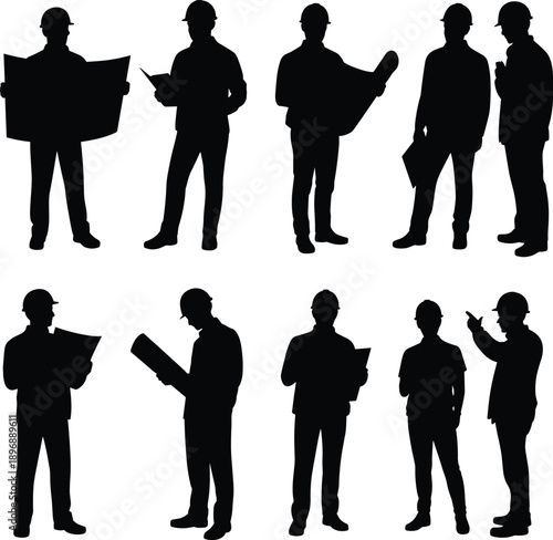 Construction worker silhouettes set with engineers and architects, black professional people figures isolated on white background for building, industry, teamwork design