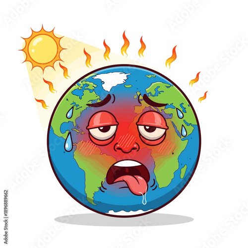 Sick planet earth suffering from global warming and heatstroke, cartoon character