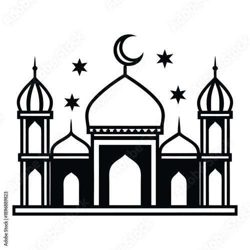 Islamic Mosque Silhouette,Black silhouette of a mosque with dome and minarets on a white background Islamic architecture