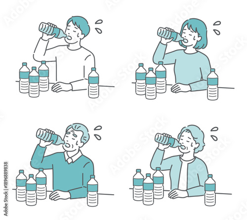 喉が渇いて水を飲む男女・高齢者のイラストセット（糖尿病・多飲・口渇・熱中症）