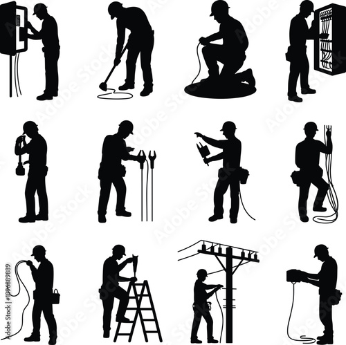 Electrician silhouettes set with cable and equipment work, black technician people figures isolated on white background for electrical, industry, repair design
