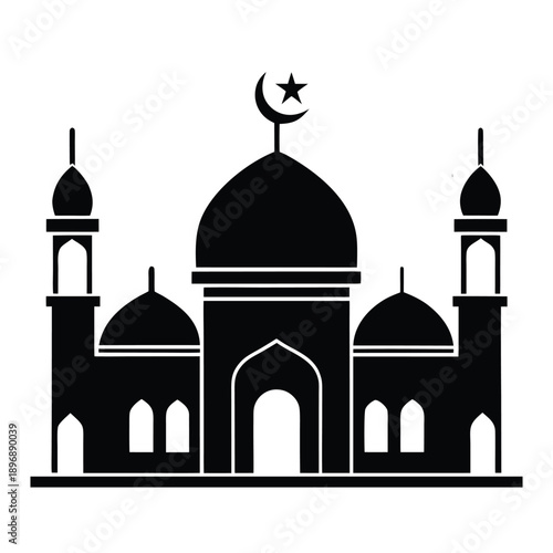 Islamic Mosque Silhouette,Black silhouette of a mosque with dome and minarets on a white background Islamic architecture