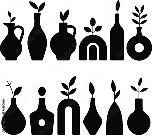 Minimal plant vase silhouettes set in modern abstract style, black home decor flower pots isolated on white background for interior design use