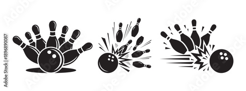 Bowling Ball and Pins Silhouette Icon Set with Action
