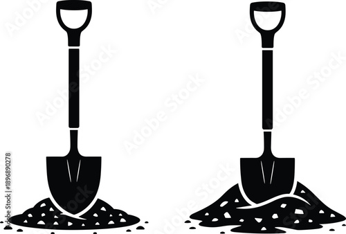 Shovel silhouettes digging soil and sand, black gardening tool icons isolated on white background for construction, landscaping, farming, excavation design