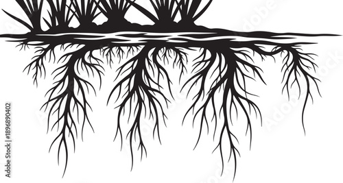 Black silhouette of tree roots on white background illustration
