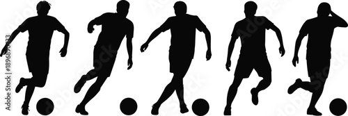 Soccer player silhouettes dribbling ball in different poses, black football athlete figures isolated on white background for sports, action design