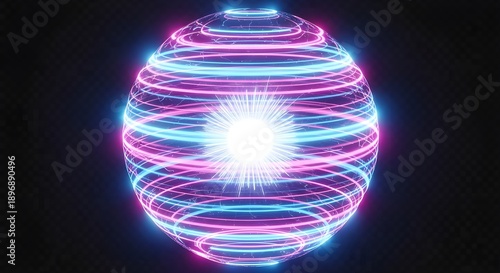 Vibrant neon light installation with pink and blue glowing rings emitting radiant energy