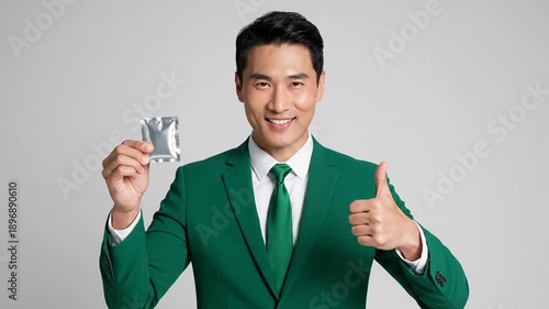 Wallpaper Mural Smiling man in green suit holding object and gesturing approval Torontodigital.ca