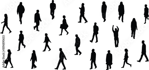 Walking people silhouettes set in different poses, black human crowd figures isolated on white background for urban life, movement, social design