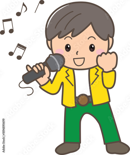 マイクで歌う子どもの音楽発表イラスト