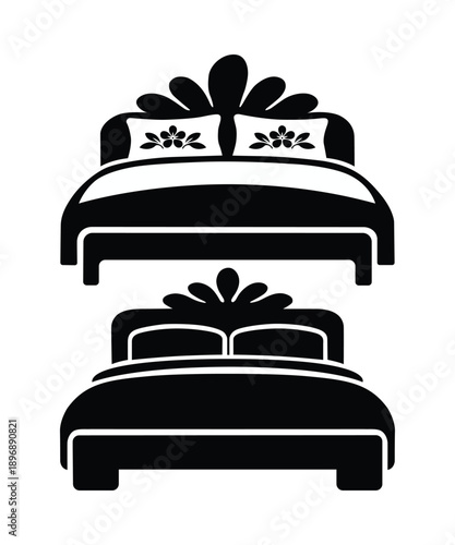 Bedroom Bed Silhouette Icon Flat Vector.