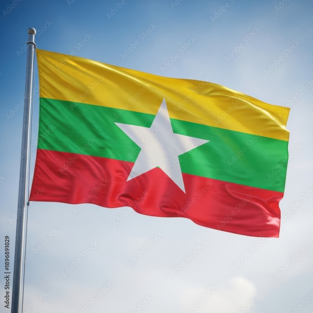 Obraz premium Myanmar Flag Waving Under Clear Sky