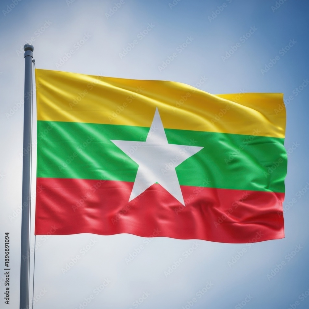 Obraz premium Myanmar Flag Waving Under Clear Sky