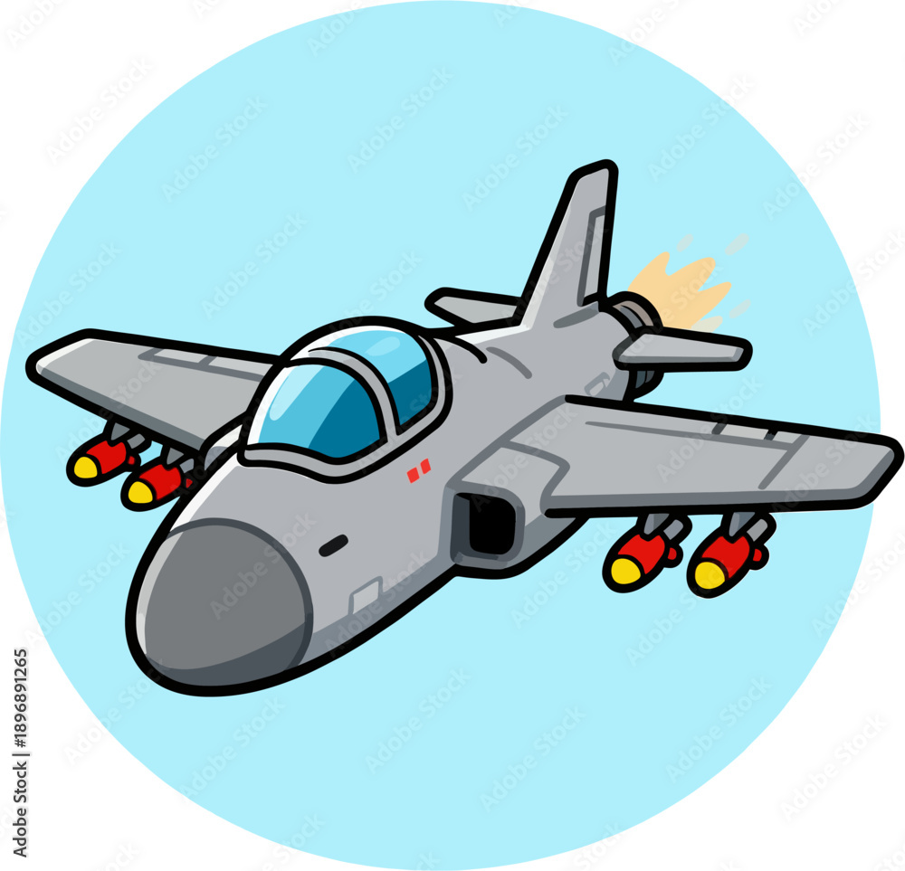 Naklejka premium Cartoon Modern Fighter Jet Side View with Missiles and Jet Flames, Colorful Vector Illustration