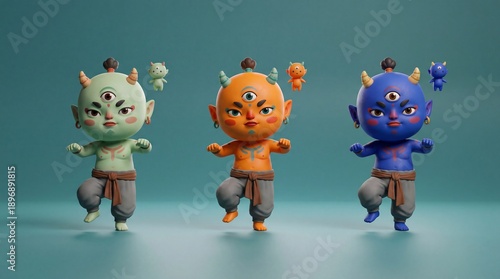 Three cartoon characters in different colors dancing together on a green background