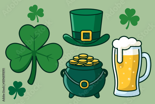 A collection of traditional St. Patrick's Day symbols including shamrocks, a green leprechaun hat, a pot of gold coins, and a frothy mug of beer.