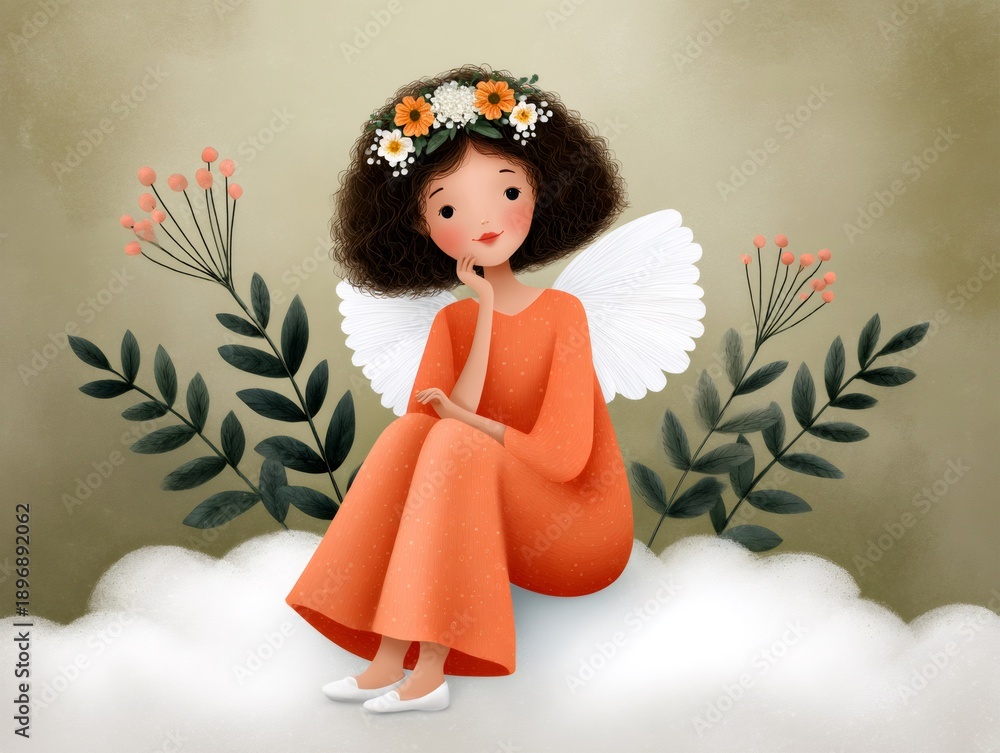 Fototapeta premium Little angel girl sitting on cloud with flowers