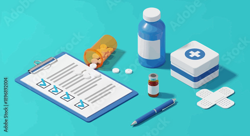 Managing healthcare needs with medical supplies, a checklist, and medication essentials