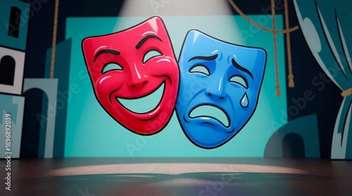 Theatrical masks on stage with dramatic lighting