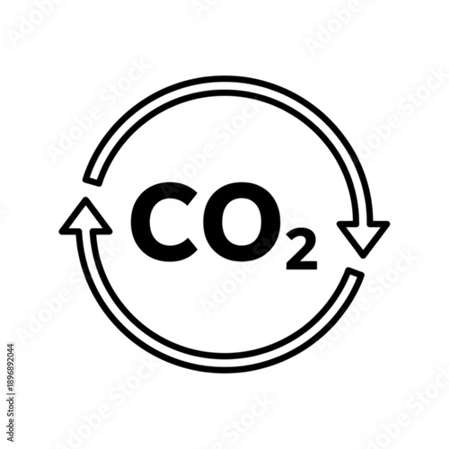 This technical vector image illustrates a carbon dioxide symbol enclosed in a circular arrow loop to represent carbon neutrality and emission cycles