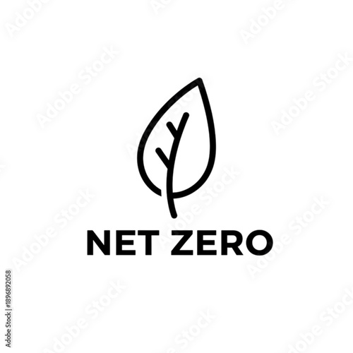 A minimalist net zero vector image featuring a single delicate leaf above bold text, symbolizing the global commitment to eliminating carbon footprints