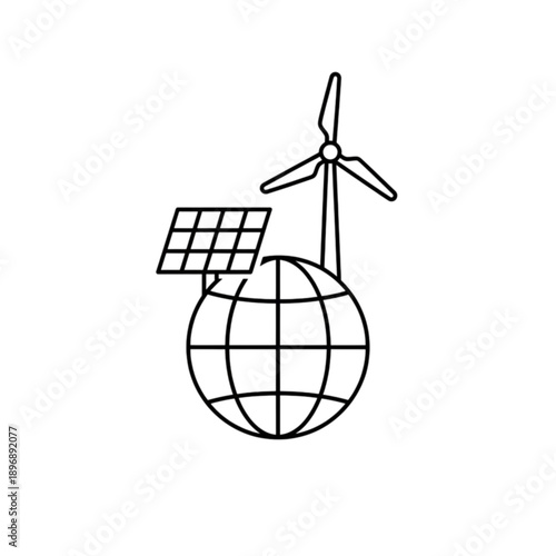 A comprehensive renewable energy vector image combining a globe with a wind turbine and solar panel to represent sustainable global power sources