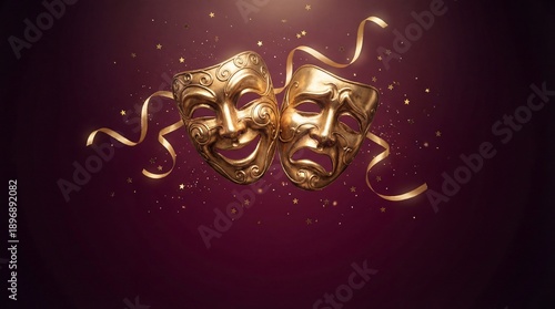 A pair of golden comedy and tragedy masks floating amidst swirling ribbons and sparkling lights on a dark red background