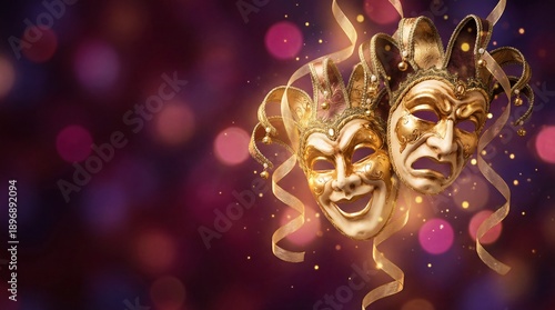 Golden Masks Float in a Vibrant Celebration Scene with Comedy and Tragedy Faces in a Theatrical Performance Setting