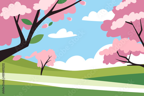 Vibrant spring landscape illustration with pink cherry blossom trees, green rolling hills, a clear blue sky, fluffy white clouds, and a winding path.