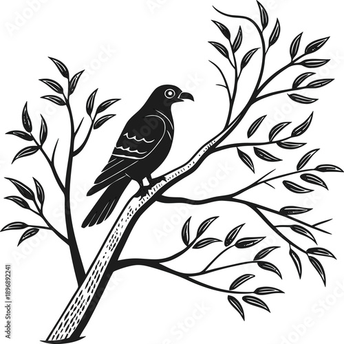 Bird on a Branch Linocut Illustration, a bird sitting on a branch