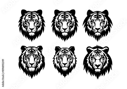 Four black and white tiger head illustrations in a grid formation